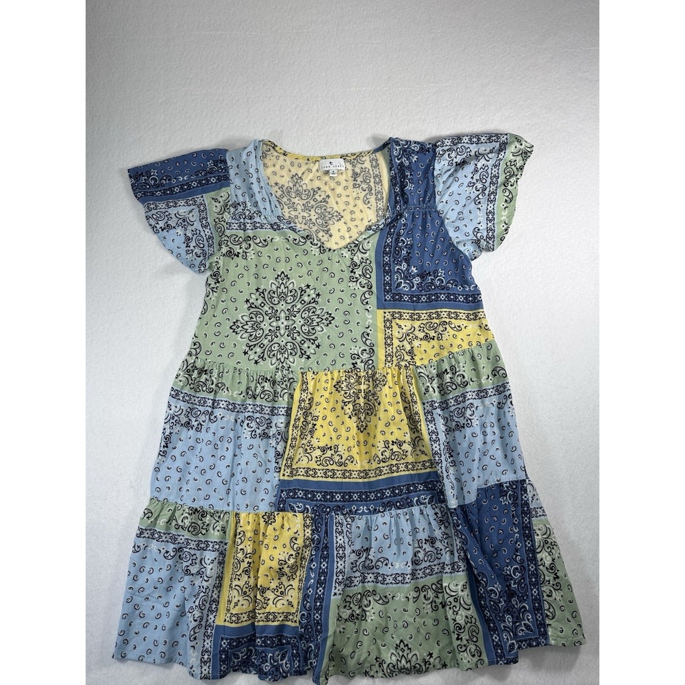 True Craft Dress Womens Small S Blue Yellow Bandana Patchwork Boho Rayon Mini